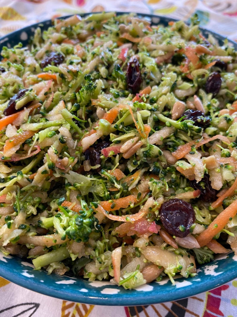 broccoli salad in blue bowl 
