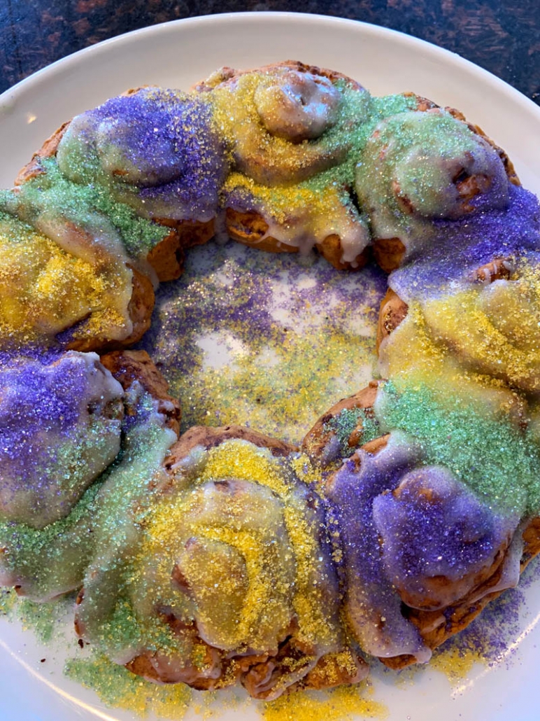 king cake in the air fryer on white plate 