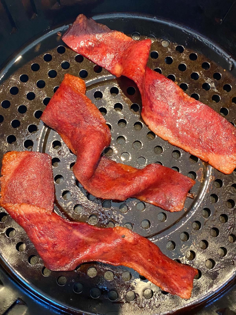 close up of turkey bacon in the air fryer