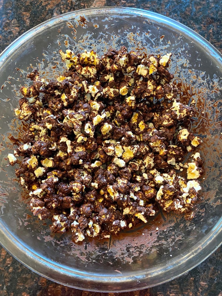 chocolate covered popcorn in bowl