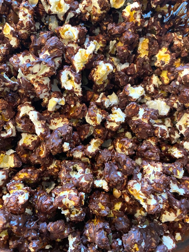 close up of chocolate covered popcorn