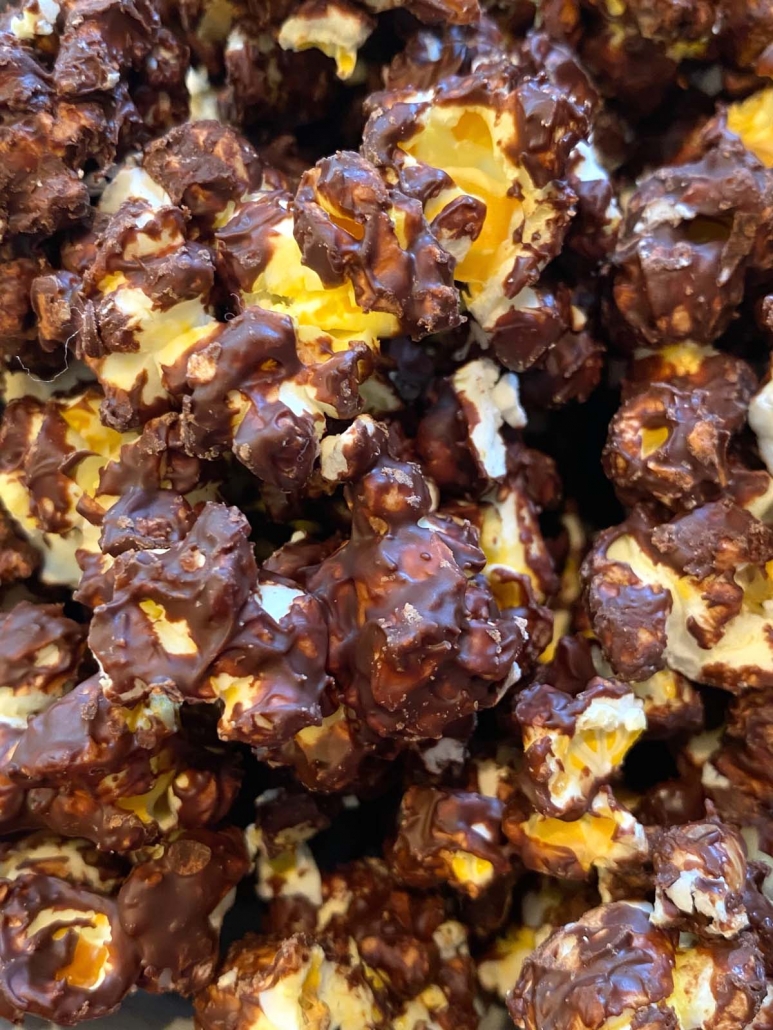 close up of chocolate covered popcorn