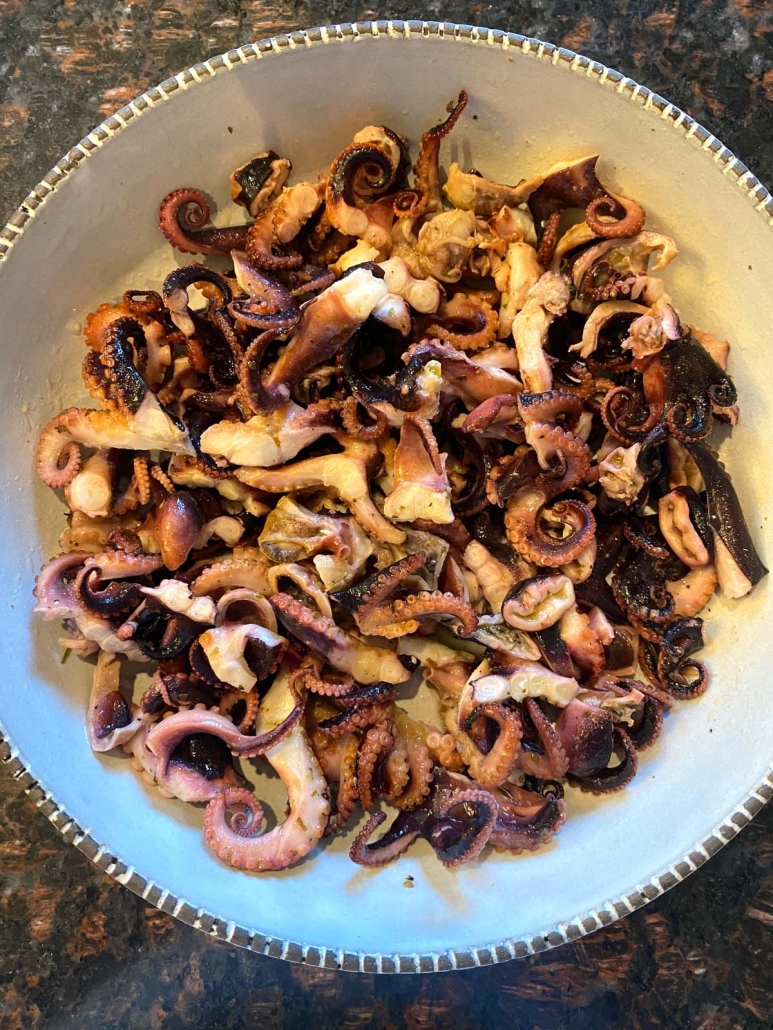 bowl of grilled baby octopus