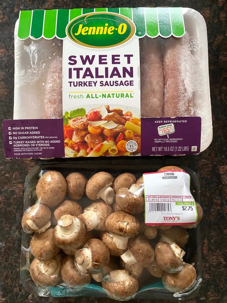 sweet italian sausage in package next to mushrooms in package