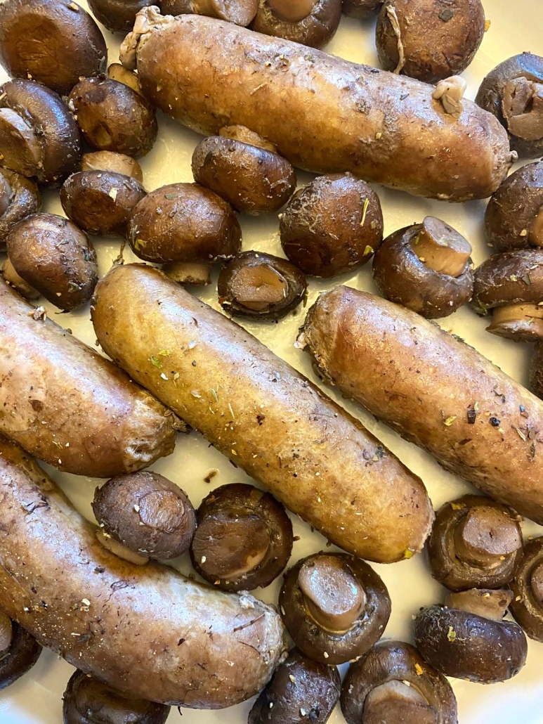close up of instant pot cooked sausages and mushrooms