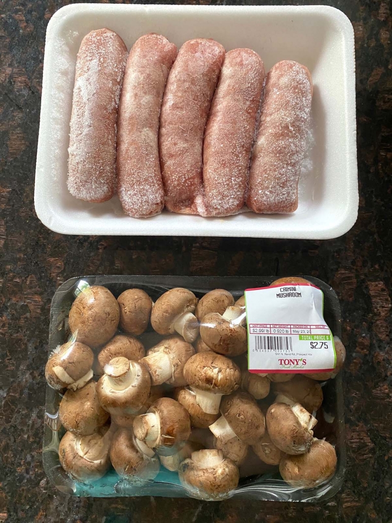 packages of sausages and mushrooms on counter