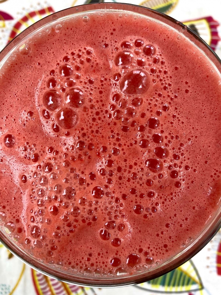 close up of watermelon blended in glass