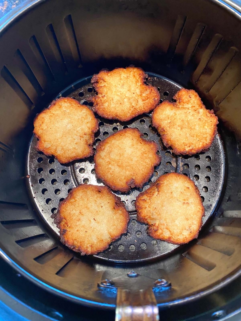 close up of latkes in the air fryer