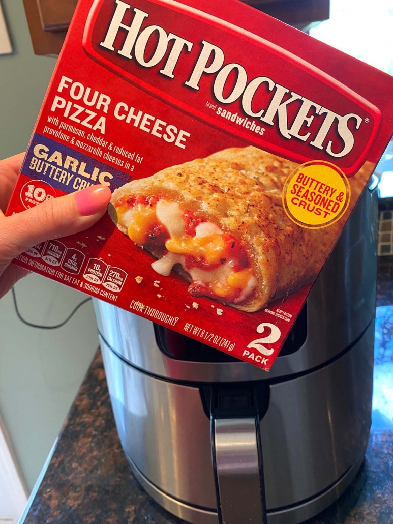 box of hot pockets in front of air fryer