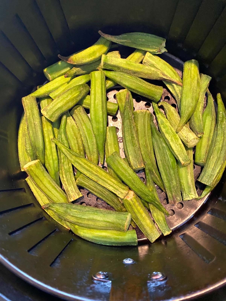 close up of okra in the air fryer