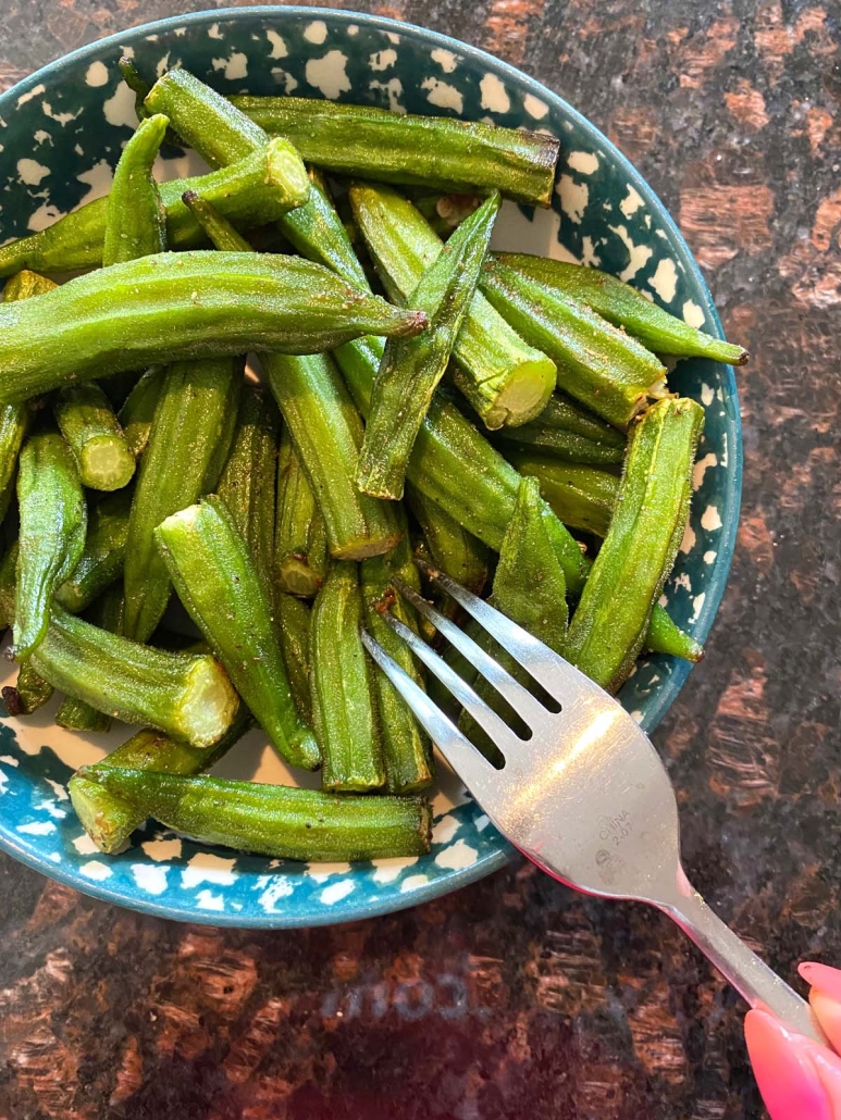 fork in bowl of okra