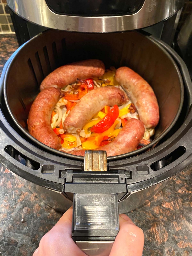 air fryer sausages, bell peppers, and onions 