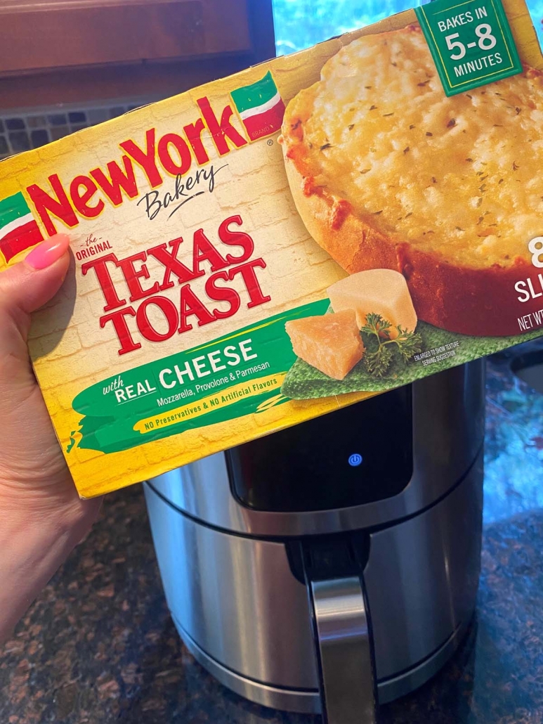 package of texas toast in front of air fryer