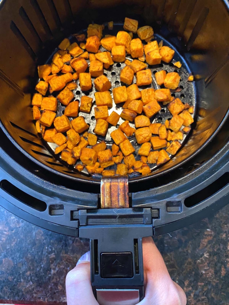 frozen sweet potato cubes in air fryer basket
