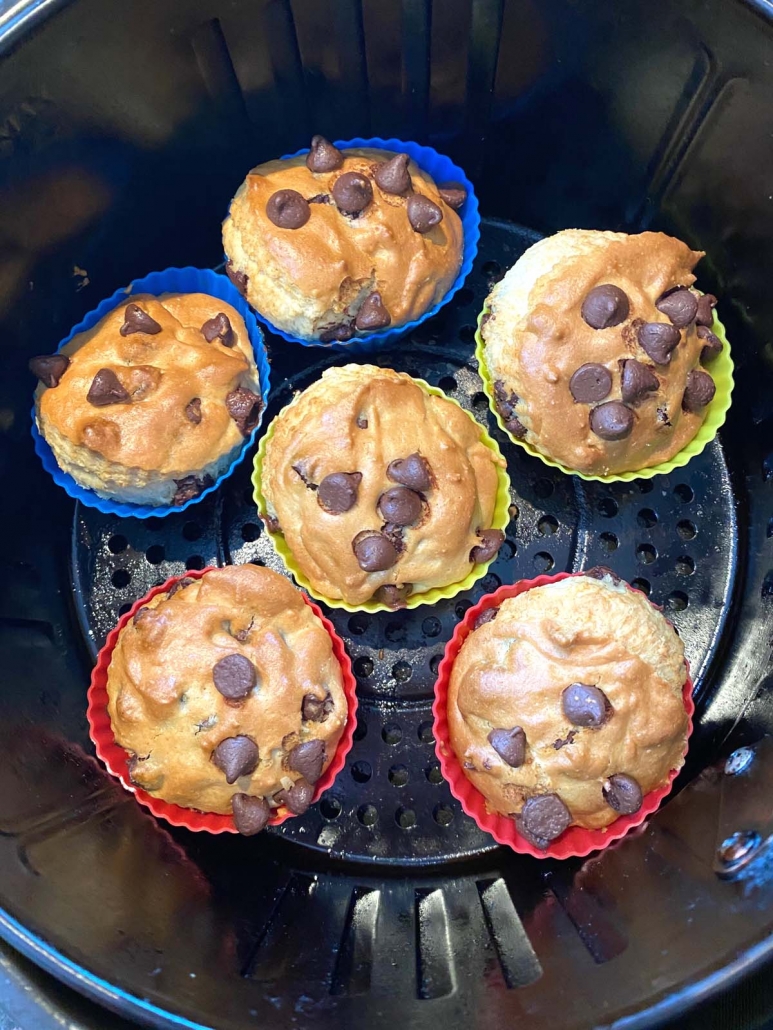 close up of chocolate chip muffins in the air fryer