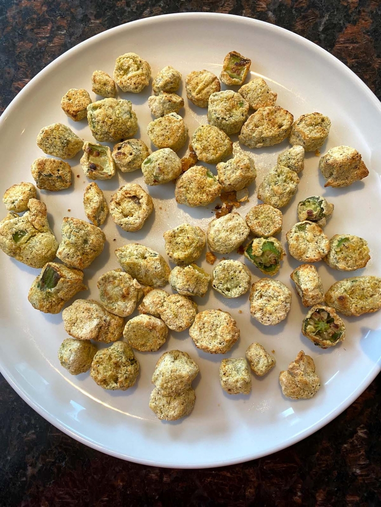 air fried breaded okra on a white plate