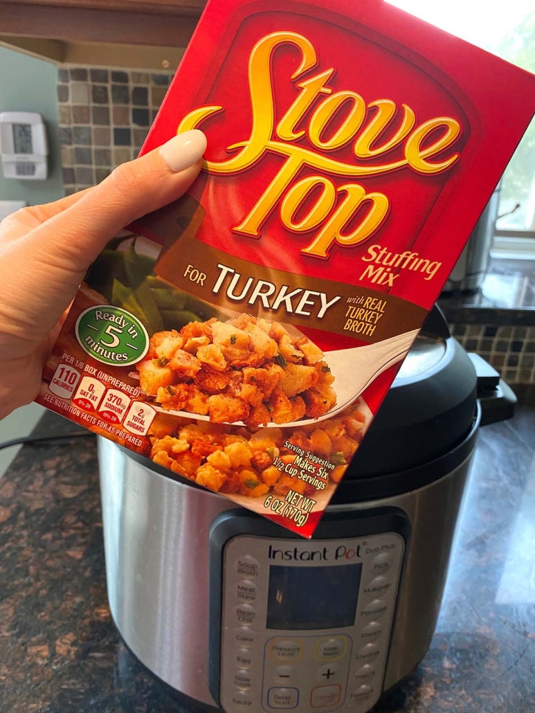 package of stove top turkey stuffing held in front of instant pot