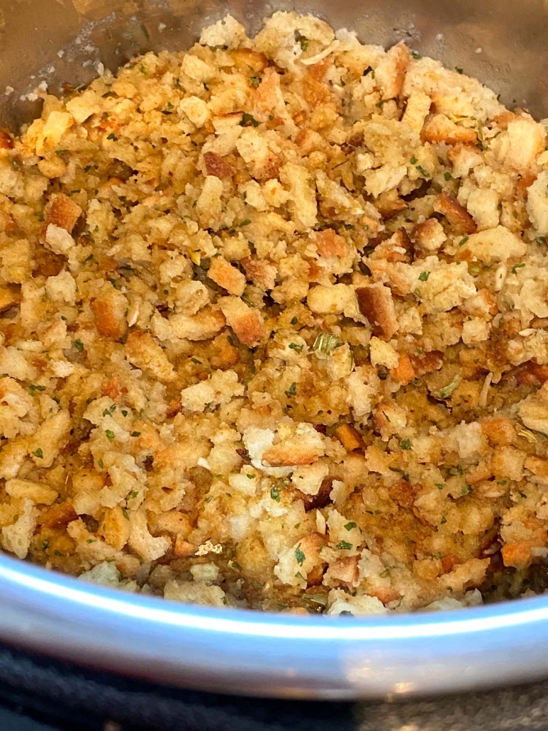 close up of stuffing cooking in the instant pot