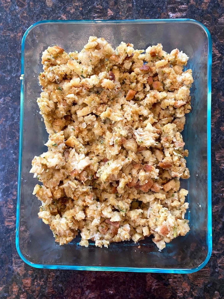 cooked stuffing in glass container