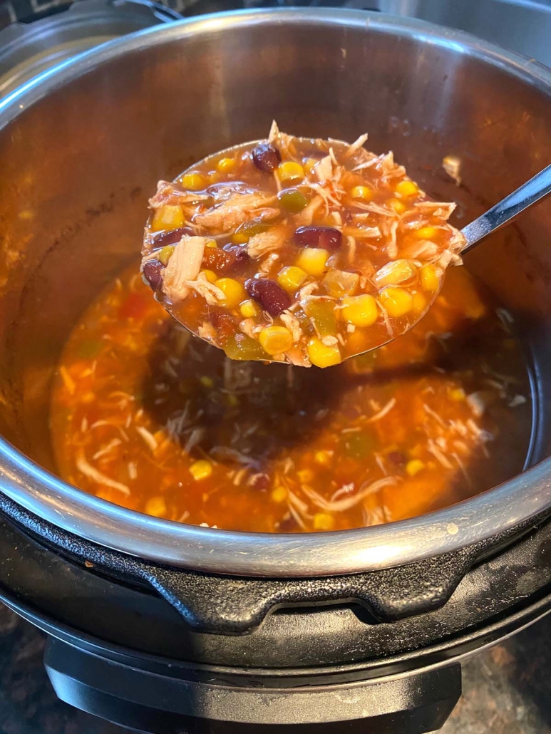 ladle holding soup above instant pot with soup inside