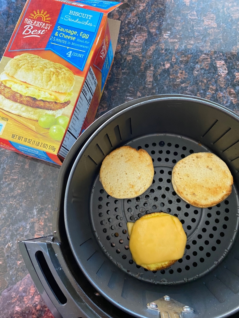 Breakfast sandwich in an air fryer.