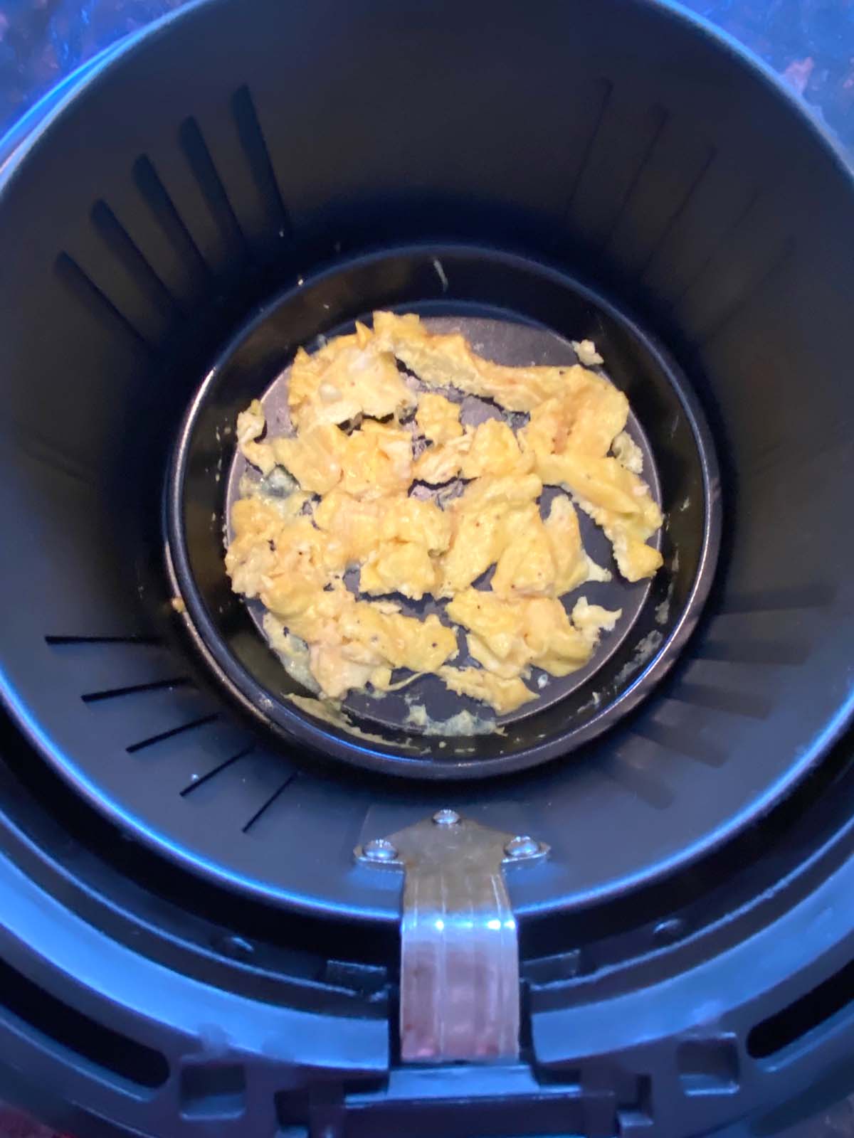 Cooked scrambled eggs in the air fryer.