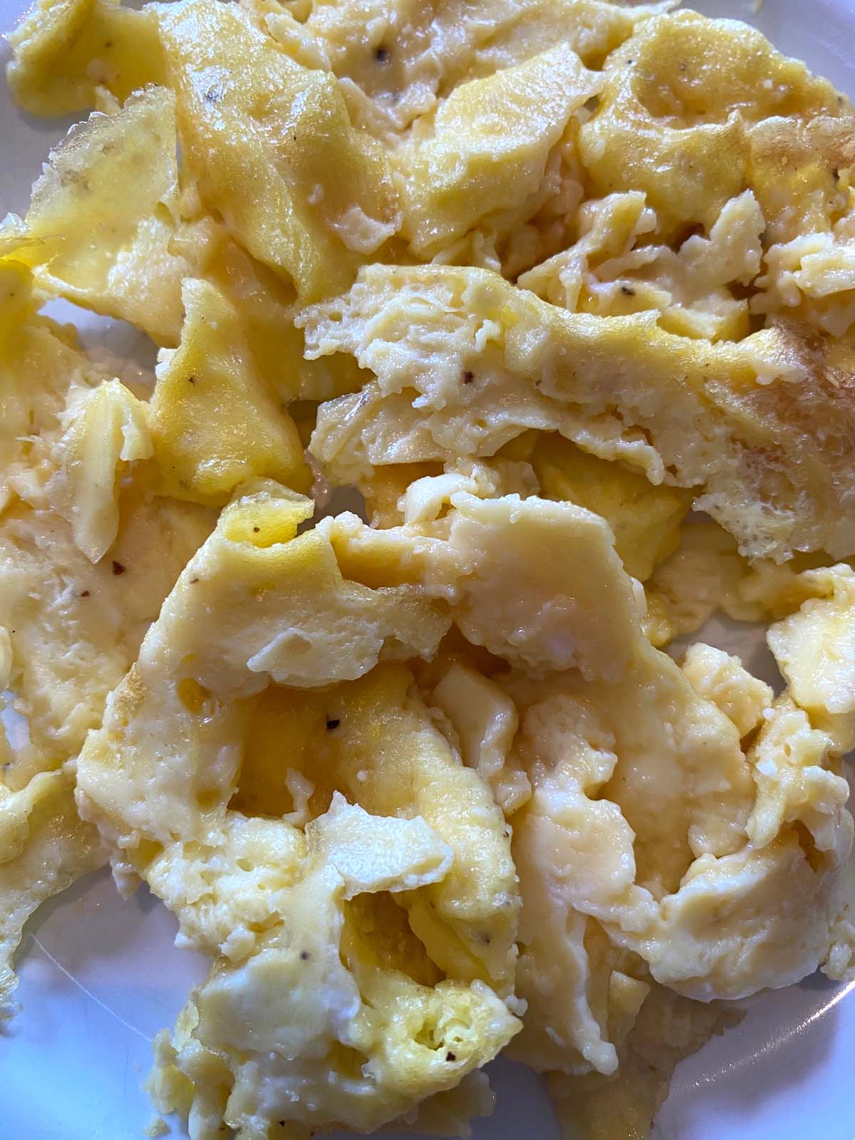 Up close view of scrambled eggs.