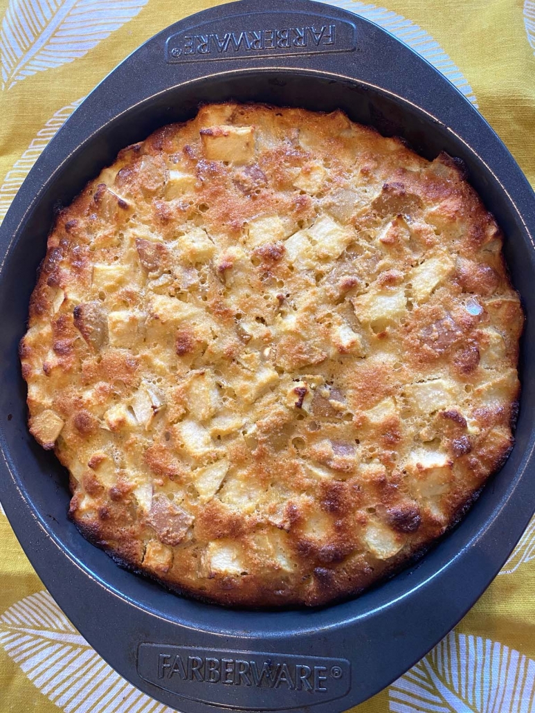 gluten free apple cake in a cake pan