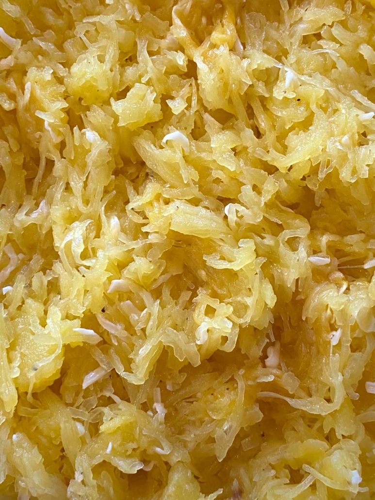 close up of shredded spaghetti squash strands