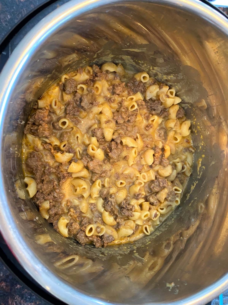 sideways view of hamburger helper cooked in the instant pot