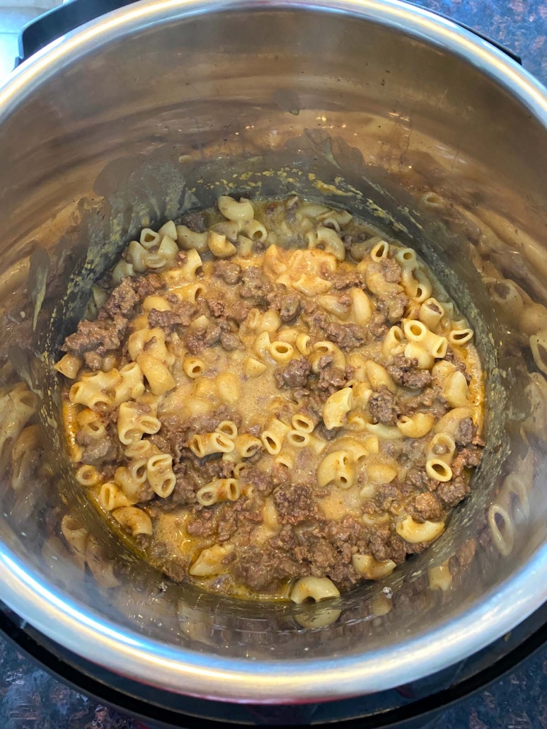 inside of instant pot filled with hamburger helper