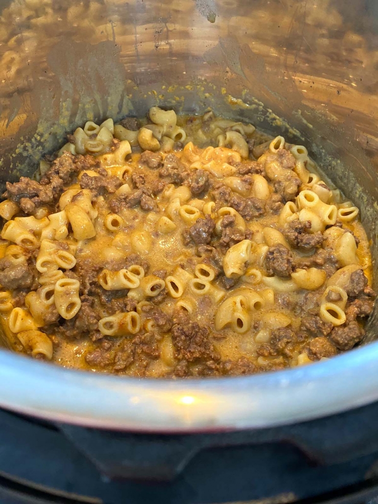 side view of instant pot cooked hamburger helper