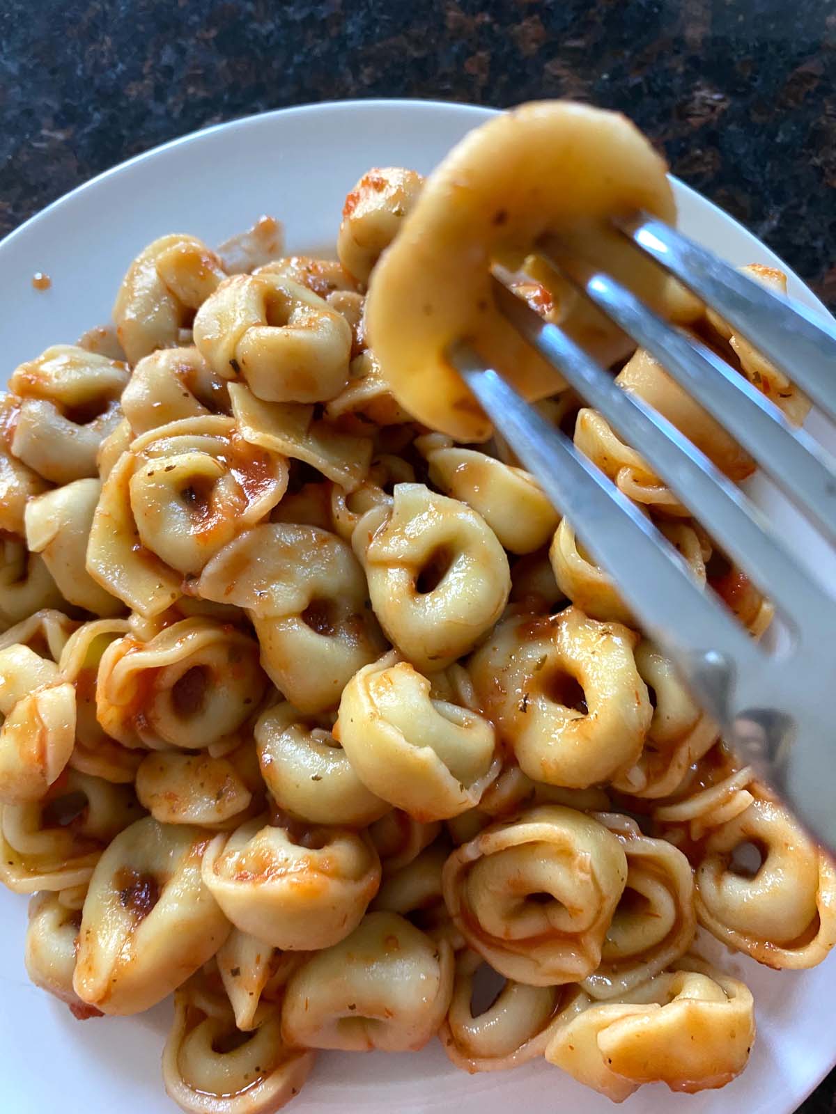 Tortellini with sauce with a fork holding up one tortellini.