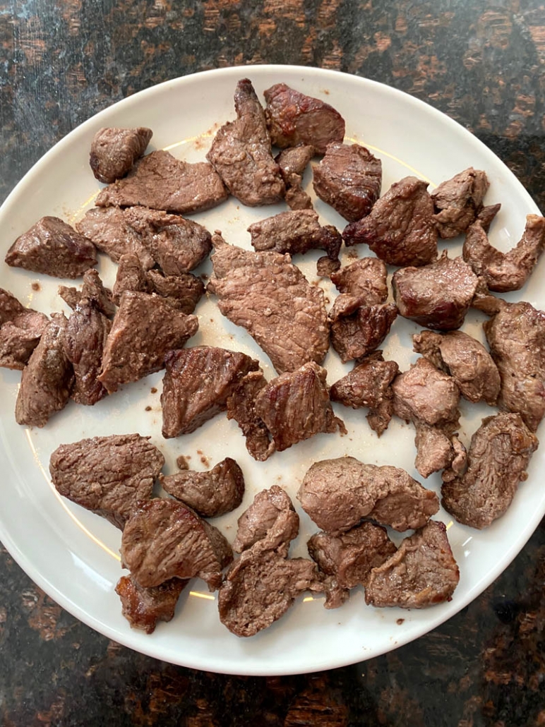 plate filled with air fried steak bites