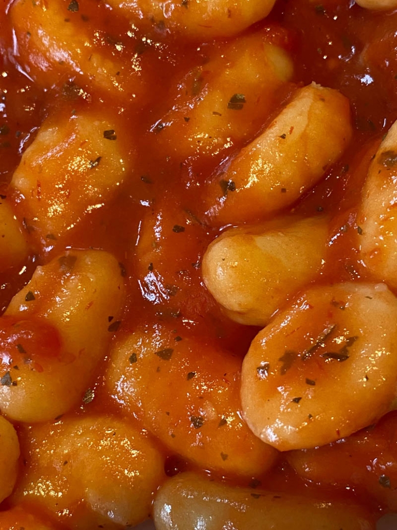 close up of instant pot cooked gnocchi in tomato sauce