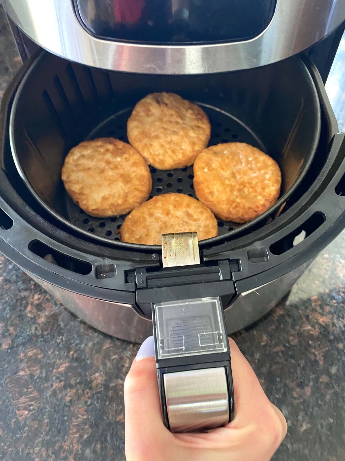 Cooked salmon burgers in the air fryer.
