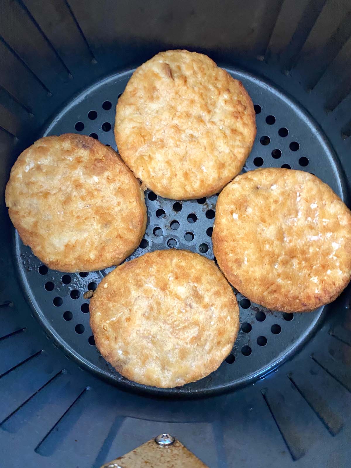 Cooked salmon burgers in the air fryer.