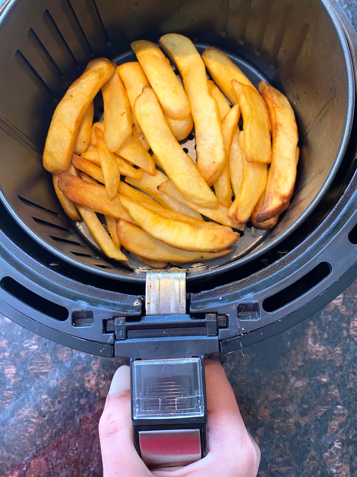 Cooked steak fries in an air fryer. 