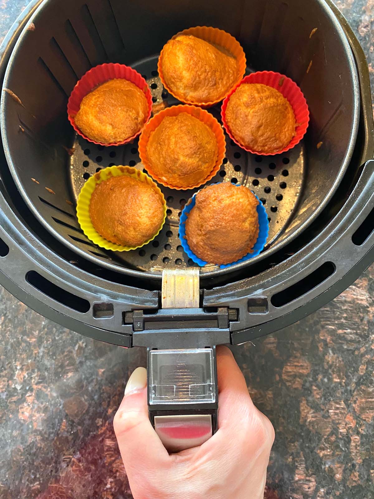 Baked cake mix muffins in an air fryer. 