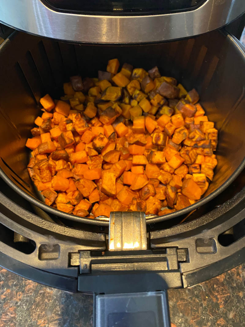 Cooked diced sweet potatoes in the air fryer.