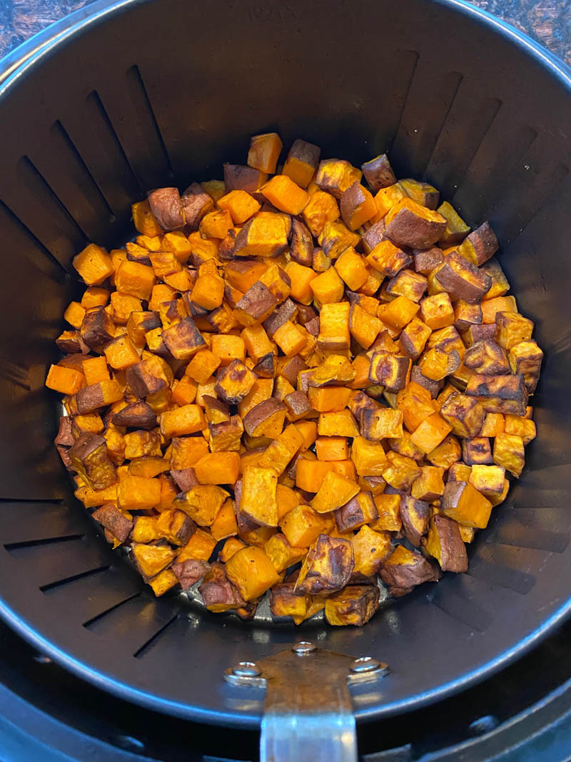 Cooked diced sweet potatoes in the air fryer.
