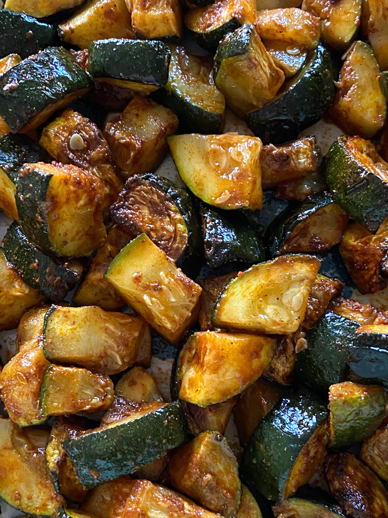 Up close look at cooked spicy zucchini.