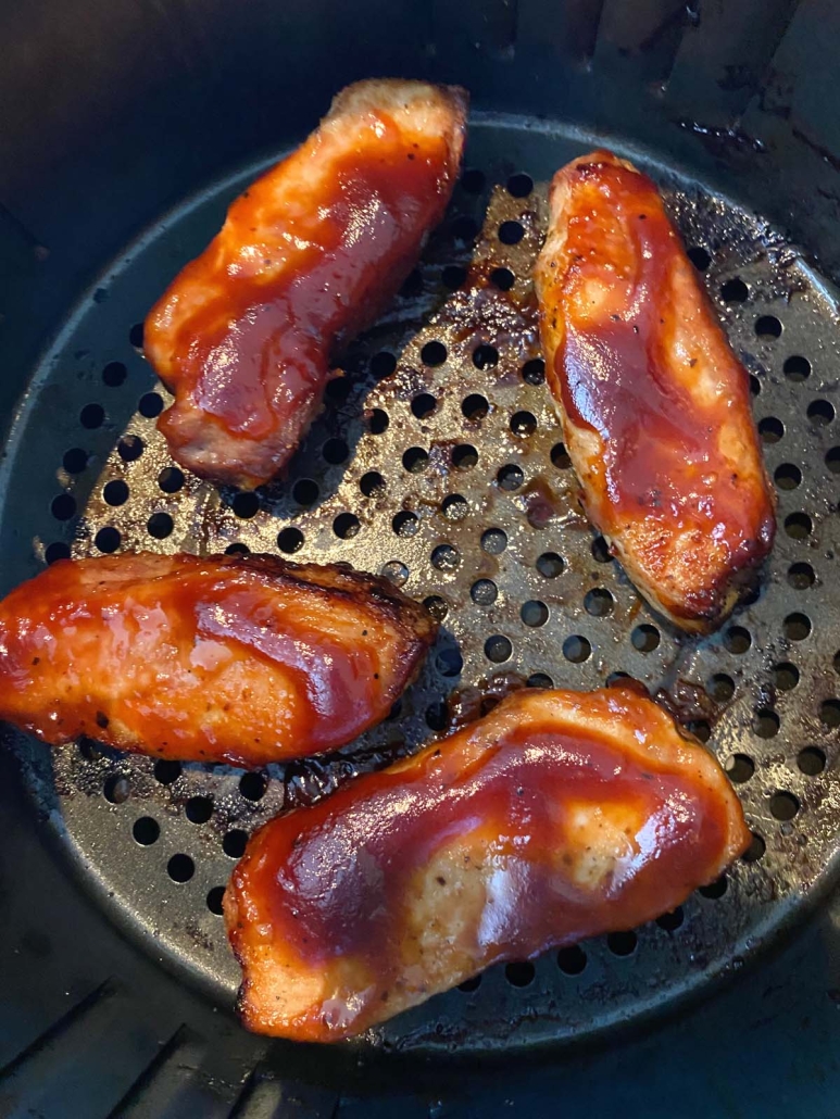 cooked bbq pork ribs inside air fryer
