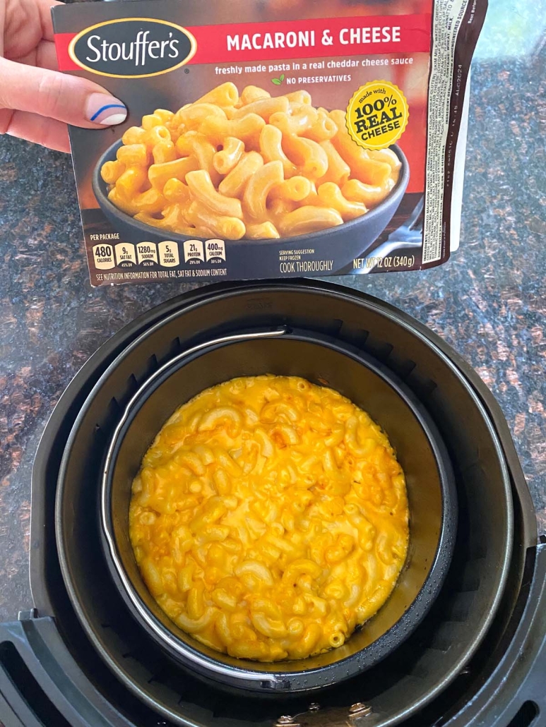box of frozen mac and cheese next to air fryer