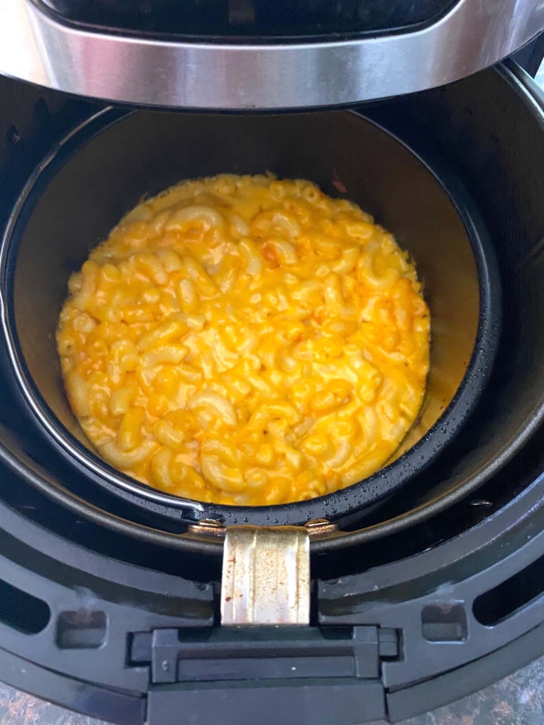 air fryer opened to show mac and cheese
