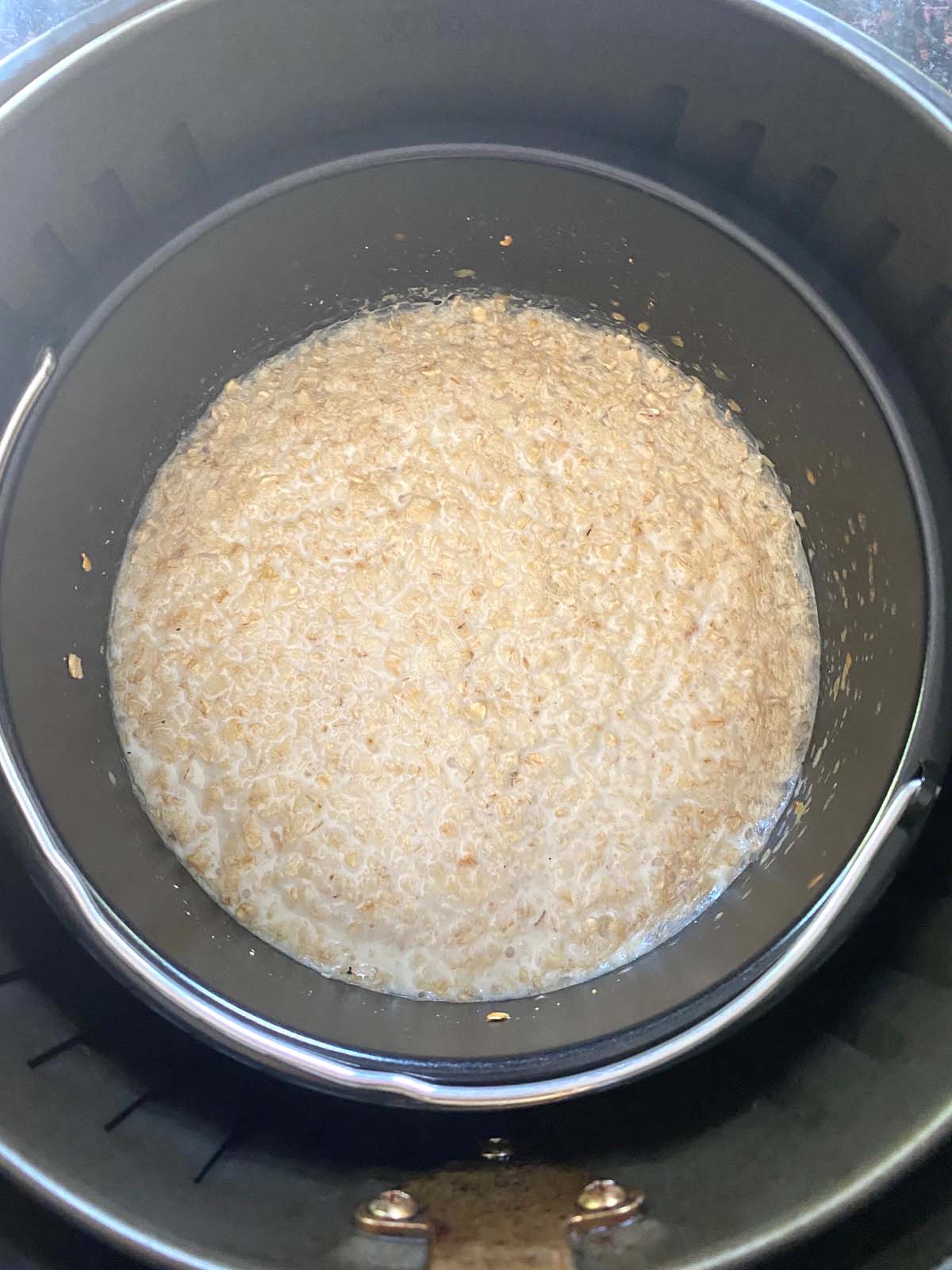 Cooked oatmeal in an air fryer.