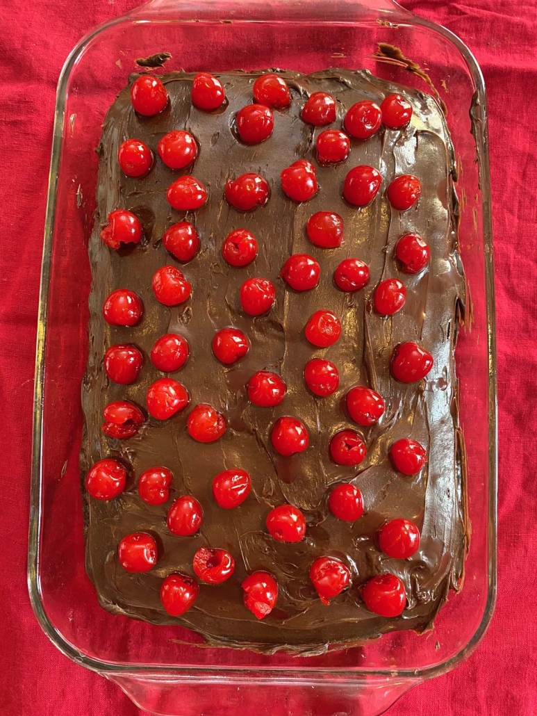 chocolate cherry dump cake with chocolate frosting