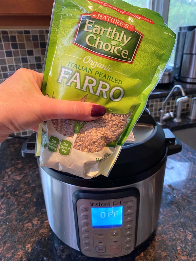 package of farro in front of instant pot