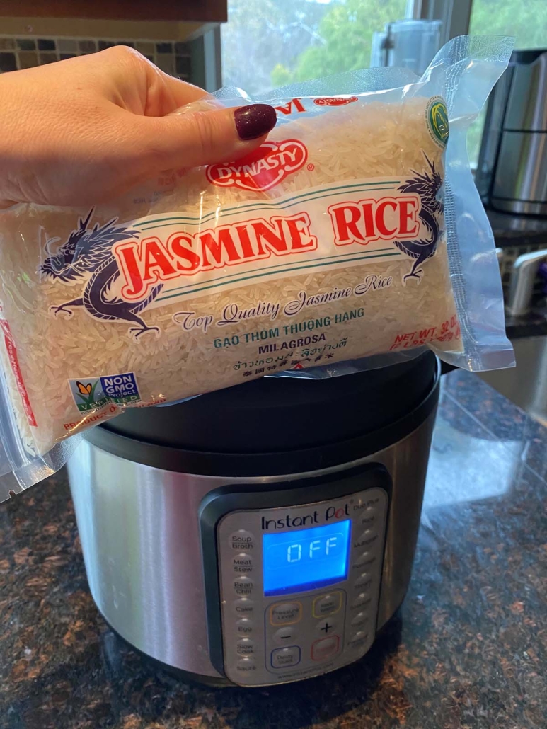 package of jasmine rice in front of instant pot
