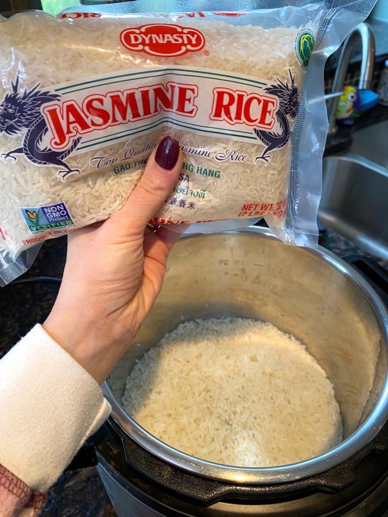 package of jasmine rice in front of cooked rice in instant pot